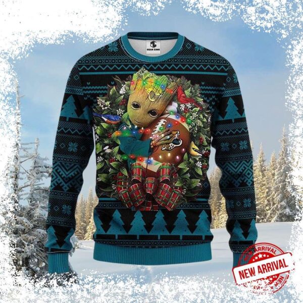 Show your Jacksonville Jaguars pride this holiday season with this adorable Groot Ugly Christmas sweater! Perfect for game day or festive gatherings, this unique design is sure to turn heads. Shop now - Image 1 - rugbyfanstore.com