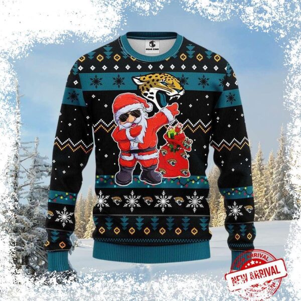 Show your Jacksonville Jaguars pride this holiday season with our hilarious Dabbing Santa Ugly Xmas Sweater! Features a gift sack and is perfect for festive fun. Shop now! - Image 1 - rugbyfanstore.com