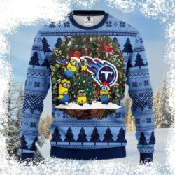 Show your Titans pride this holiday season with this fun Minions and Wreath Christmas sweater! Perfect for game day or festive gatherings. Shop now and get your limited edition sweater! - Image 1 - rugbyfanstore.com