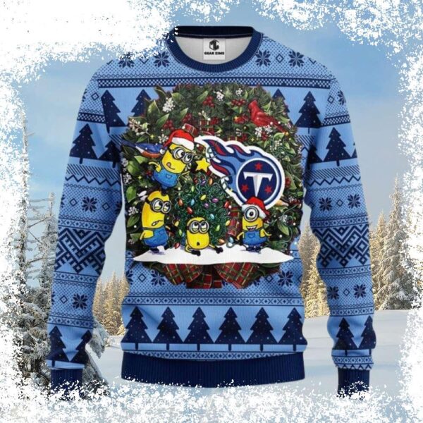 Show your Titans pride this holiday season with this fun Minions and Wreath Christmas sweater! Perfect for game day or festive gatherings. Shop now and get your limited edition sweater! - Image 1 - rugbyfanstore.com