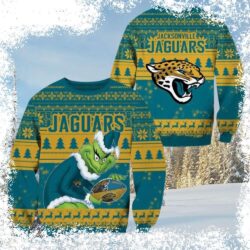 Show your Jacksonville Jaguars pride this holiday season with this hilarious Grinch stealing the football ugly Christmas sweater! Perfect for game day or festive gatherings. Shop now! - Image 1 - rugbyfanstore.com