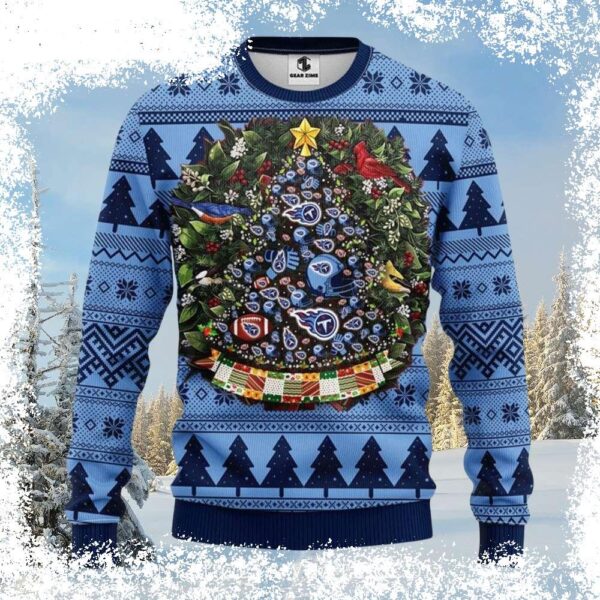 Show your Tennessee Titans pride this Christmas with our hilarious Ugly Xmas Sweater featuring a festive Christmas tree and birds! Perfect for game day or holiday gatherings. Shop now! - Image 1 - rugbyfanstore.com