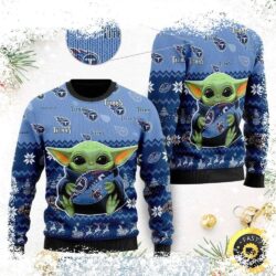 Show your love for the Mandalorian and the Titans with this hilarious Baby Yoda Ugly Christmas sweater! Perfect for game day or holiday parties. Shop now and get ready to cheer! - Image 1 - rugbyfanstore.com