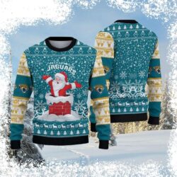 Show your Jacksonville Jaguars pride this holiday season with our hilarious "Santa Down The Chimney" ugly Christmas sweater! Perfect for game day or festive gatherings. Shop now and get ready to sprea - Image 1 - rugbyfanstore.com