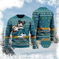 Show your Jacksonville Jaguars pride this Christmas with this hilarious Mickey Mouse football player Ugly Christmas sweater! Perfect for game day or holiday parties. Shop now! - Image 1 - rugbyfanstore.com