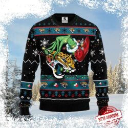 Show your Jacksonville Jaguars pride this Christmas with our hilarious Grinch Stealing Christmas Lights Ugly Xmas Sweater! Get yours today before they're gone! - Image 1 - rugbyfanstore.com