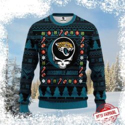 Show your Jags pride this holiday season with a Grateful Dead-inspired ugly Christmas sweater! This unique design combines classic Dead motifs with the Jacksonville Jaguars logo. Order yours today! - Image 1 - rugbyfanstore.com