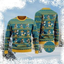 Show your Jacksonville Jaguars pride this holiday season with our hilarious Mickey Mouse cartoon ugly Christmas sweater! Get yours today and be the talk of the party. - Image 1 - rugbyfanstore.com