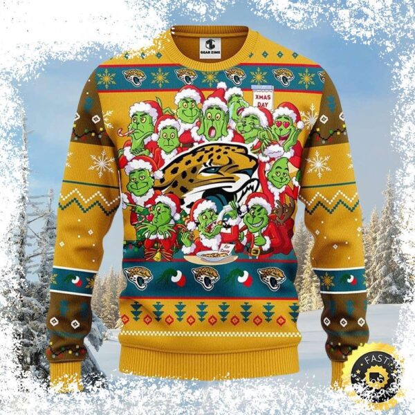 Show your Jacksonville Jaguars pride this Christmas with our hilarious Grinch sweater! Spread holiday cheer with this unique design. Shop now and get ready for the holidays! - Image 1 - rugbyfanstore.com