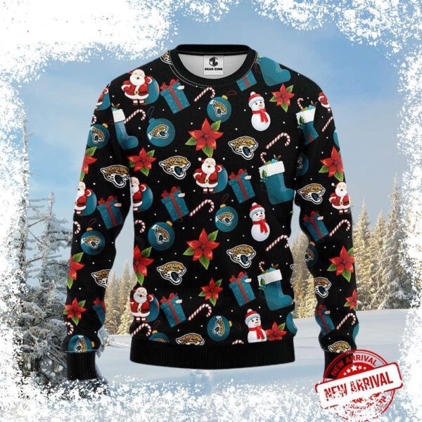 Show your Jacksonville Jaguars pride this Christmas with our festive Santa and Snowman Ugly Christmas Sweater! Get yours now and spread holiday cheer! - Image 1 - rugbyfanstore.com