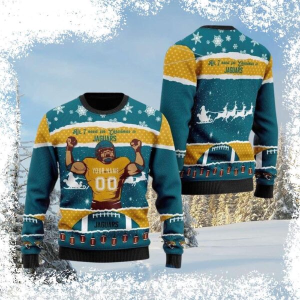 Show your Jags pride this holiday season with our customizable ugly Christmas sweater! Design your own with your favorite player's name and number. Shop now and get ready for the holidays! - Image 1 - rugbyfanstore.com