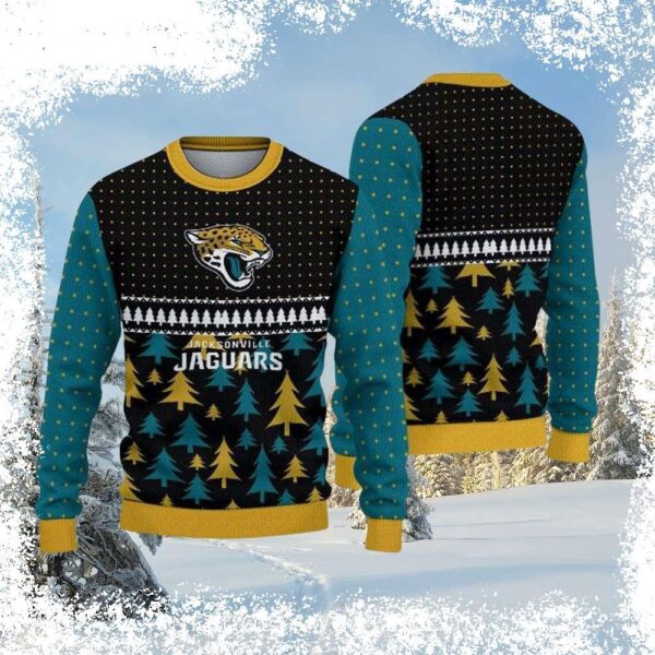 Show your Jacksonville Jaguars pride this Christmas with our classic logo and trees ugly Christmas sweater! Perfect for game day or festive gatherings. Shop now and get ready to jingle all the way! - Image 1 - rugbyfanstore.com