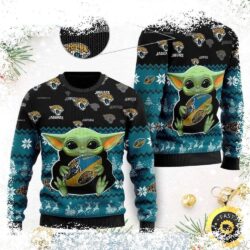 Show your Jacksonville Jaguars pride with this hilarious Baby Yoda holding a football ugly Christmas sweater! Perfect for game day or holiday gatherings. Shop now and spread the cheer! - Image 1 - rugbyfanstore.com