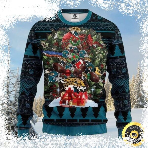 Show your Jacksonville Jaguars pride this Christmas with this ugly sweater featuring a festive wreath design! Get yours now and be the talk of the party. - Image 1 - rugbyfanstore.com