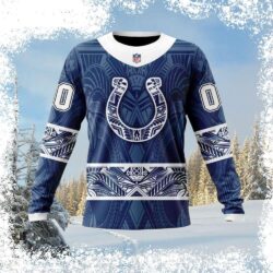 Show your Colts pride this Christmas with our unique tribal pattern ugly sweater! Get ready for laughs and compliments with this festive design. Shop now and spread holiday cheer! - Image 1 - rugbyfanstore.com