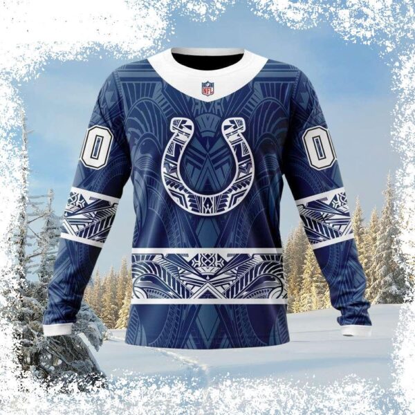 Show your Colts pride this Christmas with our unique tribal pattern ugly sweater! Get ready for laughs and compliments with this festive design. Shop now and spread holiday cheer! - Image 1 - rugbyfanstore.com