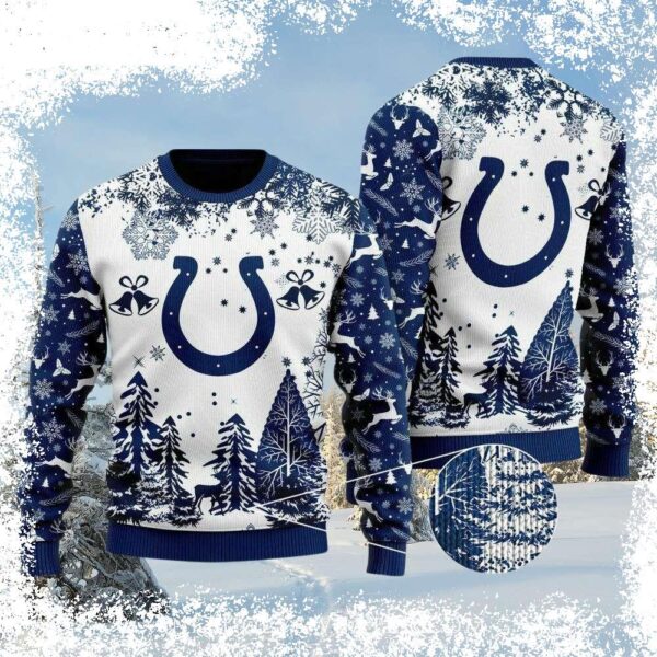 Spread holiday cheer with our hilarious Snowy Colts Logo and Winter Wonderland Ugly Christmas Sweater! Perfect for fans and festive fun, shop now and be the talk of the party. - Image 1 - rugbyfanstore.com