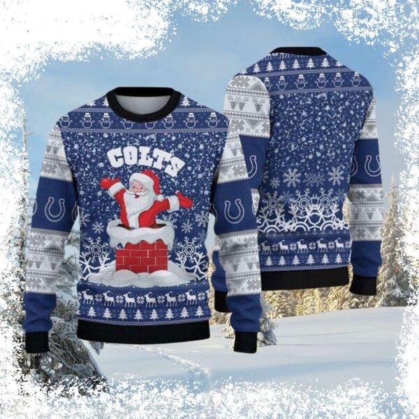 Show your Colts pride this Christmas with our hilarious "Santa Down the Chimney" ugly sweater! Get yours today and be the talk of the party. Shop now! - Image 1 - rugbyfanstore.com