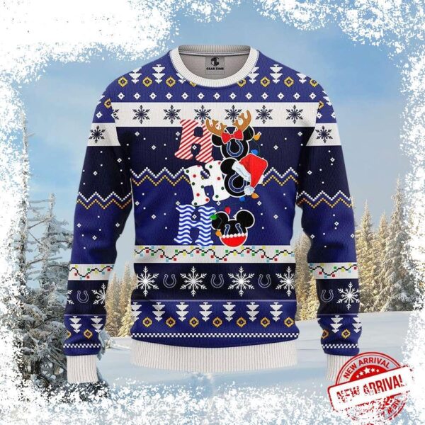 Show your Indianapolis Colts pride this Christmas with this hilarious Mickey and Reindeer Ugly Christmas Sweater! Perfect for holiday parties and gatherings, get yours now before they're gone! - Image 1 - rugbyfanstore.com