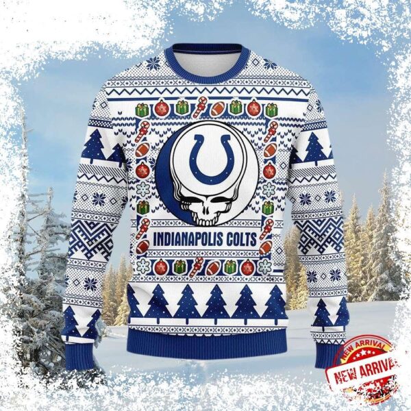 Show your Colts pride this holiday season with this hilarious ugly Christmas sweater! Featuring a skull logo, this white sweater is sure to be a conversation starter. Shop now and get ready for the ho - Image 1 - rugbyfanstore.com