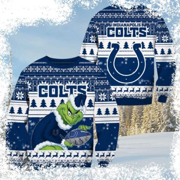 Show your true Grinch spirit with this hilarious Indianapolis Colts Ugly Christmas Sweater! Perfect for game day or festive gatherings. Shop now and get ready to spread some holiday cheer (with a Grin - Image 1 - rugbyfanstore.com