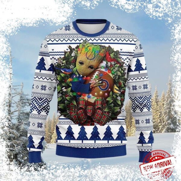 Show your team spirit this holiday season with our hilarious Groot-themed Indianapolis Colts Ugly Christmas Sweater! Get ready for laughs and compliments with this unique design. Shop now and spread t - Image 1 - rugbyfanstore.com