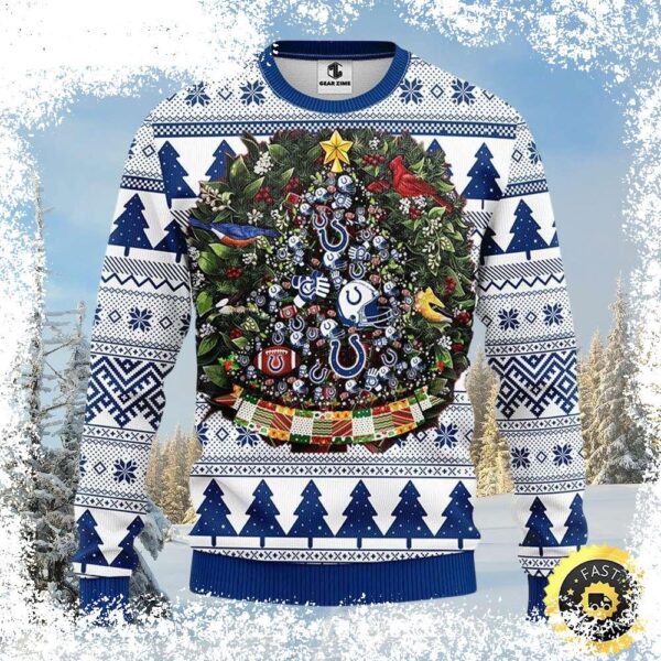 Show your Colts pride this holiday season with our exclusive Christmas tree wreath ugly sweater! Perfect for game day or festive gatherings. Shop now and spread the cheer! - Image 1 - rugbyfanstore.com