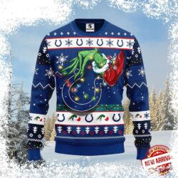 Show your Colts pride with this hilarious Grinch Stealing Christmas Lights ugly sweater! Perfect for holiday parties, this sweater is sure to get you noticed. Shop now and get ready to spread some fes - Image 1 - rugbyfanstore.com