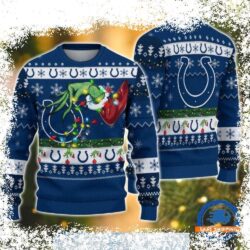 Show your Indianapolis Colts pride this Christmas with our hilarious Grinch Stealing Christmas Lights sweater! This ugly Christmas sweater is perfect for any fan who loves a good laugh. Shop now and g - Image 1 - rugbyfanstore.com