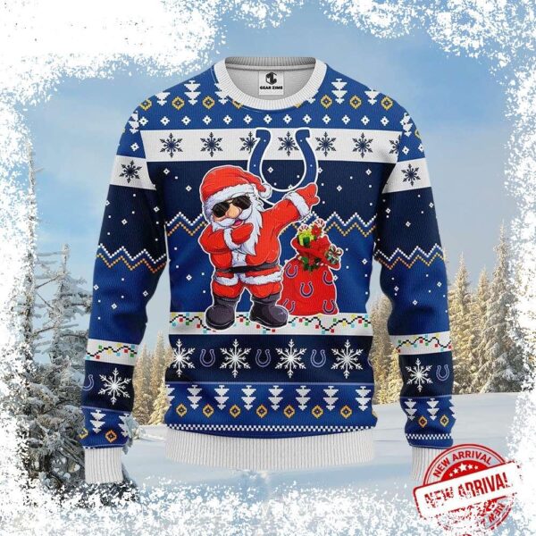 Spread holiday cheer with this hilarious Dabbing Santa Ugly Christmas Sweater featuring the Colts logo! Show your team pride and get ready for the holidays with this unique design. Shop now! - Image 1 - rugbyfanstore.com