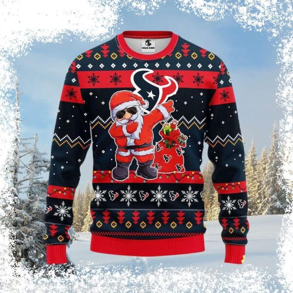 Spread holiday cheer with this hilarious Dabbing Santa Ugly Christmas sweater featuring the Houston Texans logo! Get yours now and be the life of the party! - Image 1 - rugbyfanstore.com