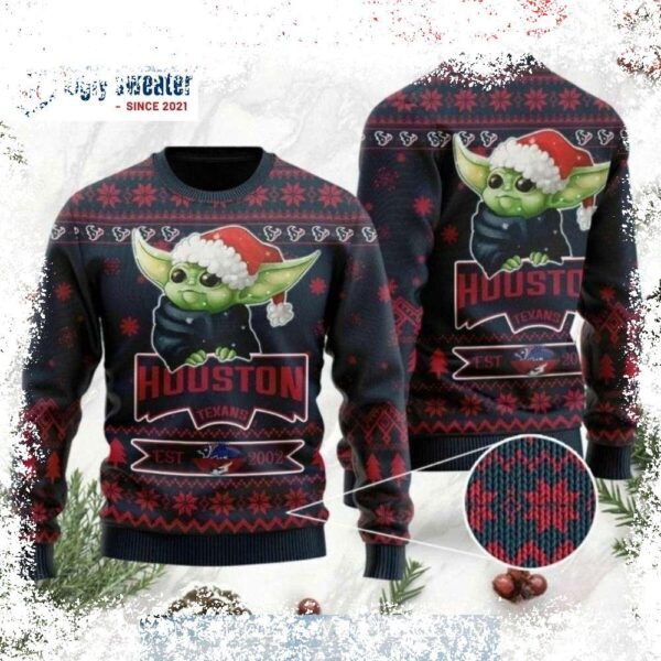 Show your Houston Texans pride this holiday season with our adorable Baby Yoda Ugly Christmas Sweater! Get yours now and spread some festive cheer. - Image 1 - rugbyfanstore.com