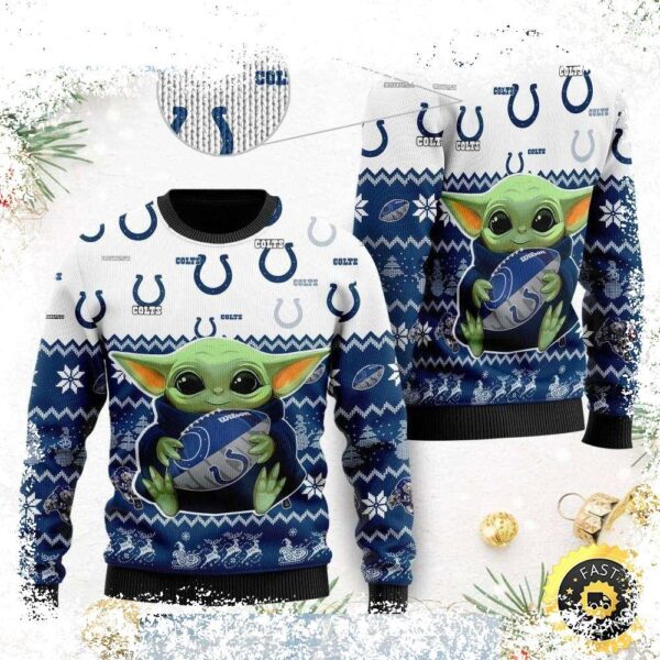 Show your team spirit with this hilarious Baby Yoda holding a Colts football ugly Christmas sweater! Perfect for any fan, this sweater is sure to get laughs. Shop now and spread the cheer! - Image 1 - rugbyfanstore.com