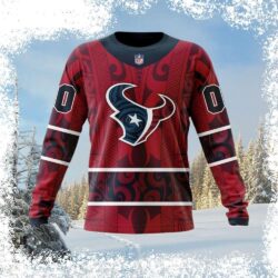 Show your Houston Texans pride this holiday season with our unique tribal pattern Ugly Christmas Sweater! Personalized with your name, this sweater is the perfect gift for any fan. Shop now and get r - Image 1 - rugbyfanstore.com