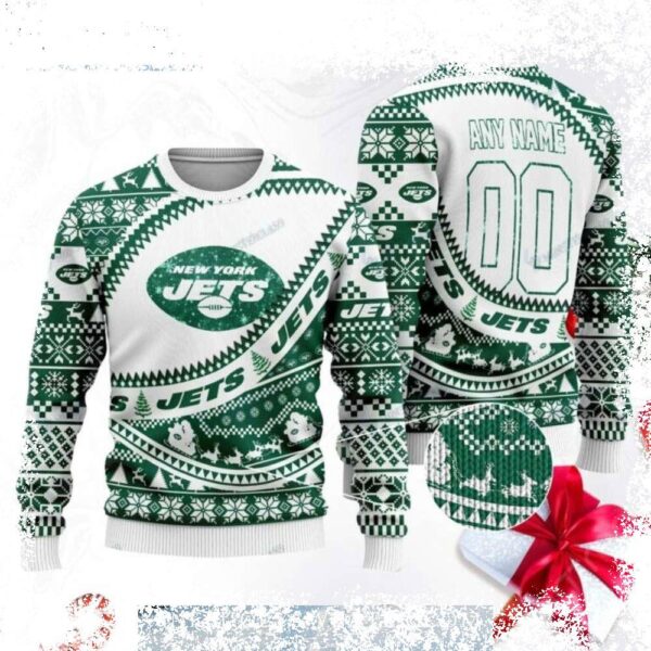 Celebrate the holidays in Jets pride with our custom ugly Christmas sweater! Design your own unique sweater with your favorite Jets details. Shop now and get ready for the most festive game day ever - Image 1 - rugbyfanstore.com