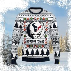 Show your Houston Texans pride in style with this unique Grateful Dead skull logo white Christmas sweater. Perfect for tailgating or holiday gatherings, this sweater is a must-have for any fan. Shop n - Image 1 - rugbyfanstore.com