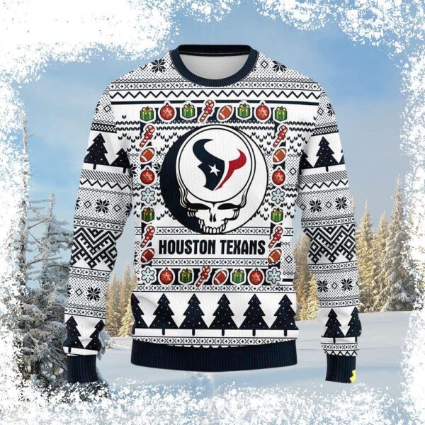 Show your Houston Texans pride in style with this unique Grateful Dead skull logo white Christmas sweater. Perfect for tailgating or holiday gatherings, this sweater is a must-have for any fan. Shop n - Image 1 - rugbyfanstore.com