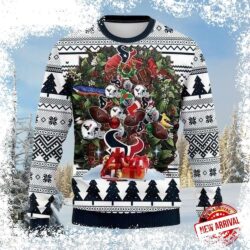 Show your Houston Texans pride this holiday season with this hilarious white ugly Christmas sweater featuring a festive wreath and miniature helmets. Shop now and spread the cheer! - Image 1 - rugbyfanstore.com