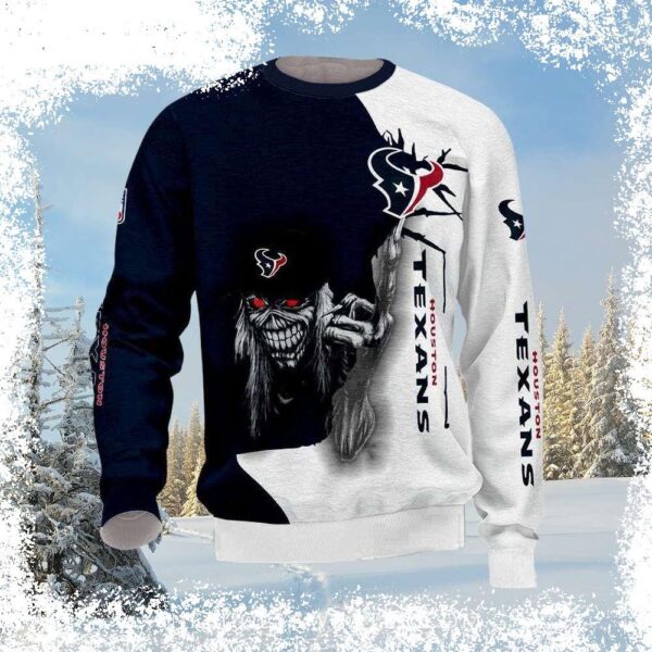 Show your Texans pride with this bold Skull & Houston Texans split black & white ugly sweater! Perfect for game day or holiday parties. Shop now and score this unique design! - Image 1 - rugbyfanstore.com