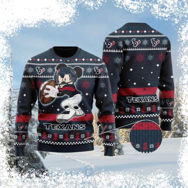 Show your Houston Texans pride with this hilarious Mickey Mouse playing football ugly sweater! Perfect for game day or any occasion, this unique sweater is sure to turn heads. Shop now! - Image 1 - rugbyfanstore.com