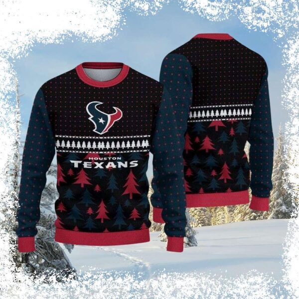 Show your Houston Texans pride this Christmas with this festive, ugly sweater featuring a red and navy Christmas tree forest! Perfect for game day or holiday gatherings. Shop now and get your ugly swe - Image 1 - rugbyfanstore.com