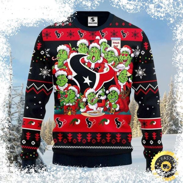 Show your Houston Texans pride this Christmas with our hilarious Grinch family ugly sweater! Perfect for holiday gatherings, this unique design will make you the life of the party. Shop now and sprea - Image 1 - rugbyfanstore.com