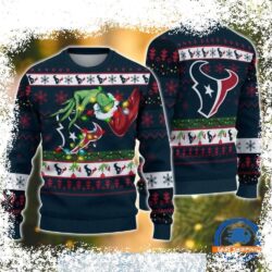 Spread holiday cheer with this hilarious Grinch-themed Houston Texans ornament ugly Christmas sweater! Perfect for game day or festive gatherings. Shop now and get ready for the holidays! - Image 1 - rugbyfanstore.com