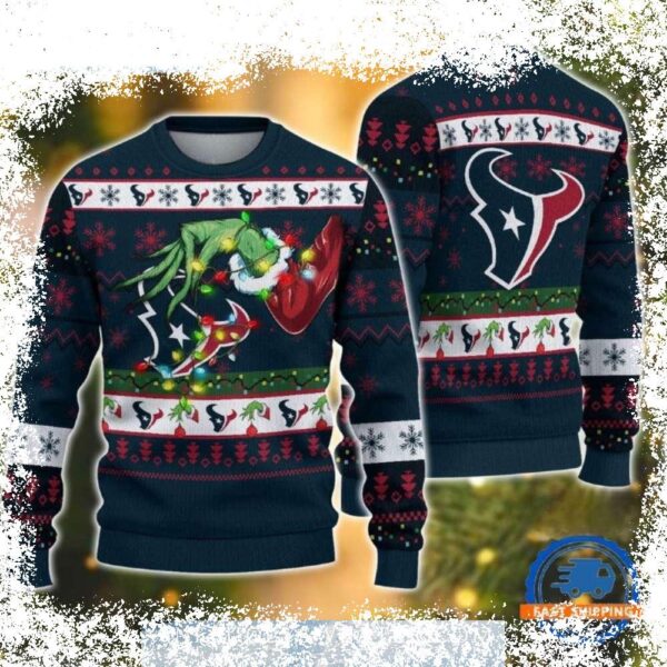 Spread holiday cheer with this hilarious Grinch-themed Houston Texans ornament ugly Christmas sweater! Perfect for game day or festive gatherings. Shop now and get ready for the holidays! - Image 1 - rugbyfanstore.com