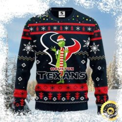 Spread holiday cheer with this hilarious Grinch Christmas sweater featuring the Houston Texans logo! Perfect for game day or ugly sweater parties. Shop now and get ready to steal the show! - Image 1 - rugbyfanstore.com