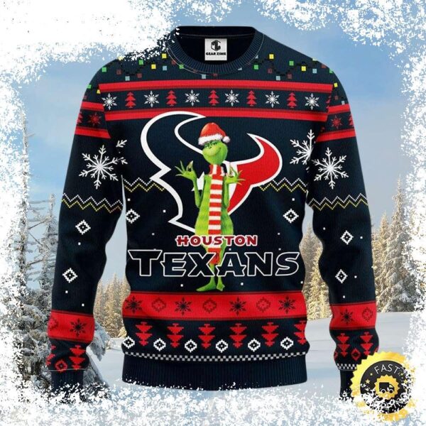 Spread holiday cheer with this hilarious Grinch Christmas sweater featuring the Houston Texans logo! Perfect for game day or ugly sweater parties. Shop now and get ready to steal the show! - Image 1 - rugbyfanstore.com