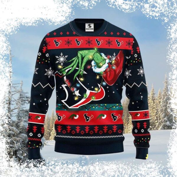 Show your Houston Texans pride this holiday season with our hilarious Grinch Stealing Santa Hat Ugly Xmas Sweater! Get yours now and be the life of the party! - Image 1 - rugbyfanstore.com