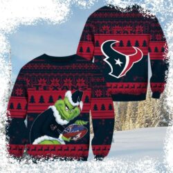 Show your Houston Texans pride this Christmas with this hilarious Grinch-themed ugly sweater! He's stealing the football, but your team spirit won't be stolen. Shop now and spread some holiday cheer - Image 1 - rugbyfanstore.com