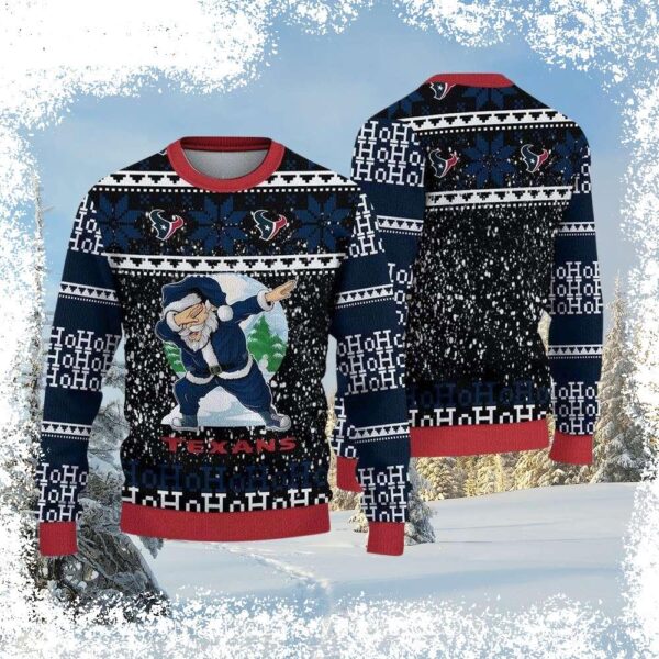 Show your Houston Texans pride this Christmas with our hilarious Dabbing Santa Ugly Sweater! Perfect for holiday parties and spreading festive cheer. Shop now and get ready to rock the season! - Image 1 - rugbyfanstore.com