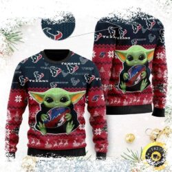 Show your Texan pride this holiday season with this hilarious Baby Yoda Ugly Christmas Sweater! Featuring the beloved character holding a Houston Texans football, it's the perfect gift for any fan. Ge - Image 1 - rugbyfanstore.com